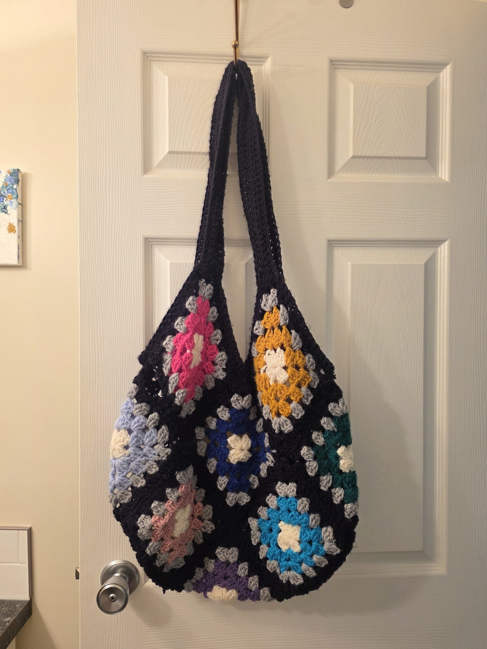 Handmade Black Crochet Granny Square Tote with Multicolor Accents